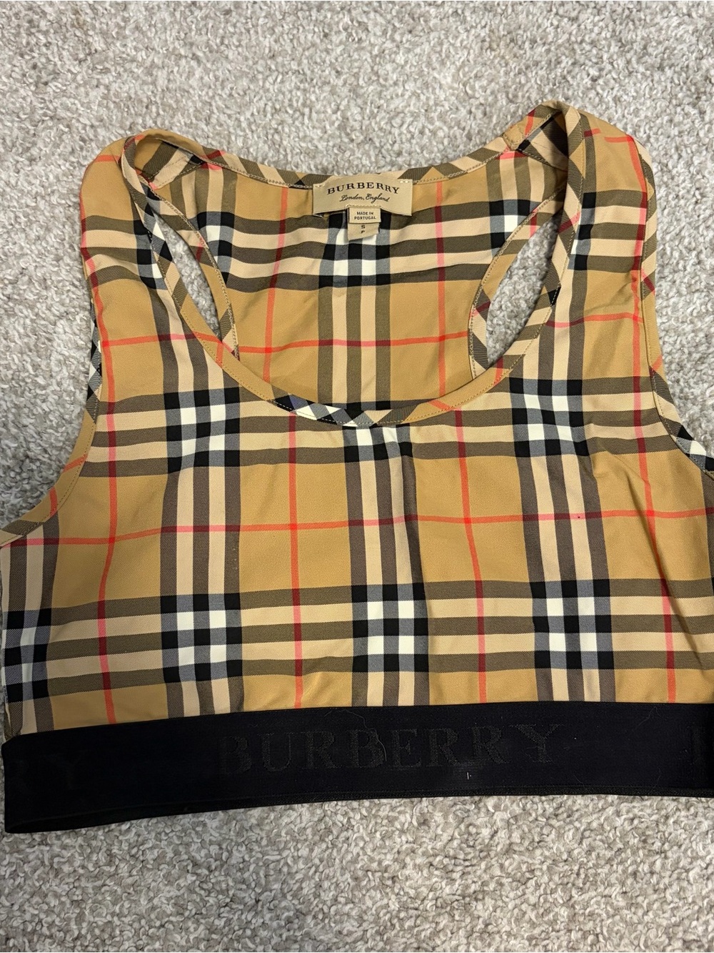 Burberry Tan Yellow Plaid Crop Tank with Black Hem